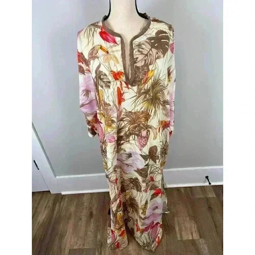 Loretta Caponi Made In Italy Maxi Tuni Dress Hawaiian Jungle Cotton XL